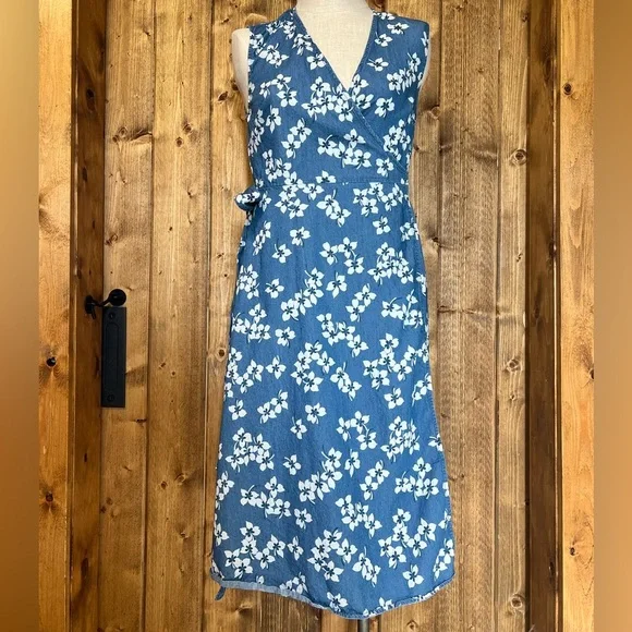 Draper James 8 Sleeveless Denim Wrap Midi Length Dress 100% Cotton - Picture 3 of 12